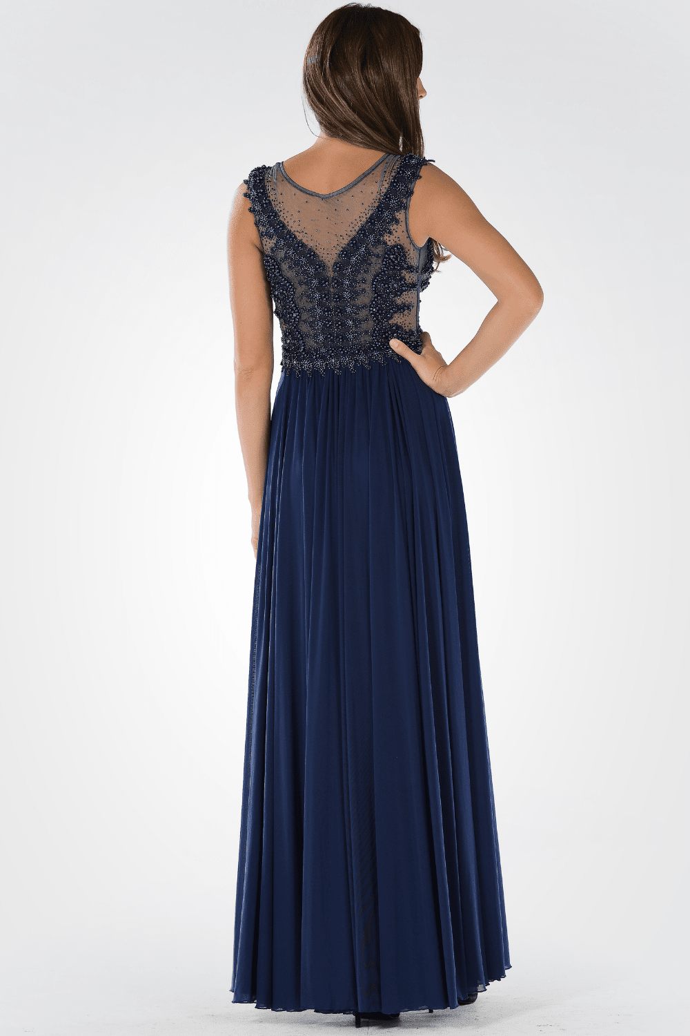 navy blue illusion dress Evening Gown Long Sleeve Navy Blue Dress For Wedding Navy Blue Illusion Long Sleeve High Slit