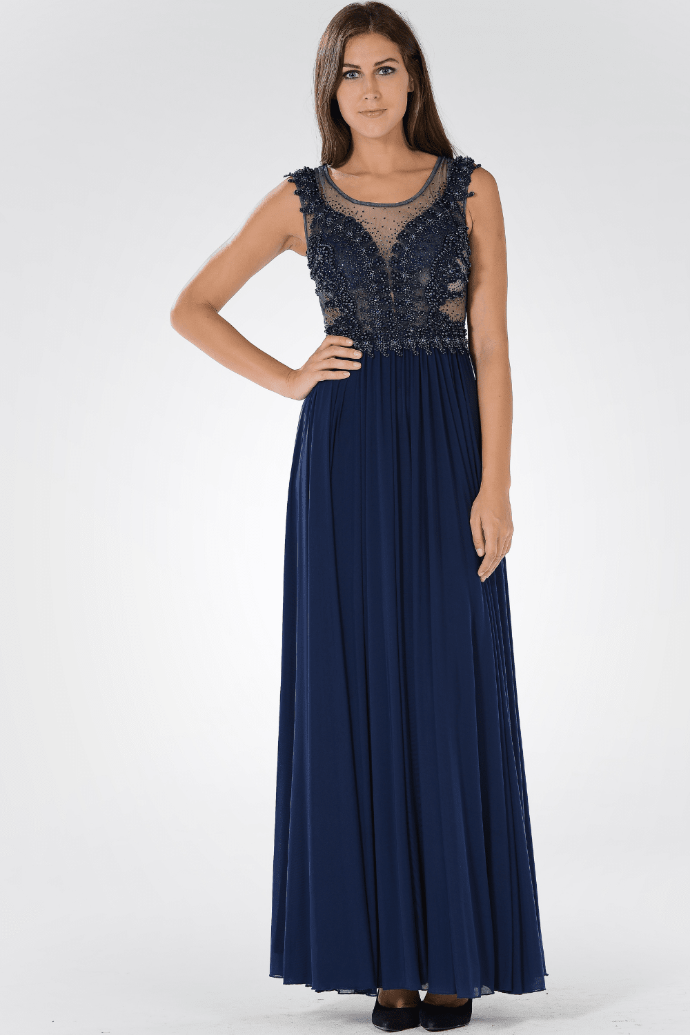 Long Illusion Dress with Beaded Bodice by Poly USA 7516