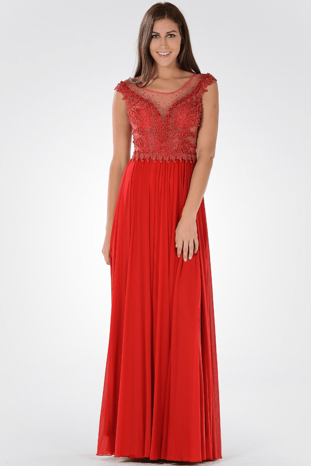 Long Illusion Dress with Beaded Bodice by Poly USA 7516