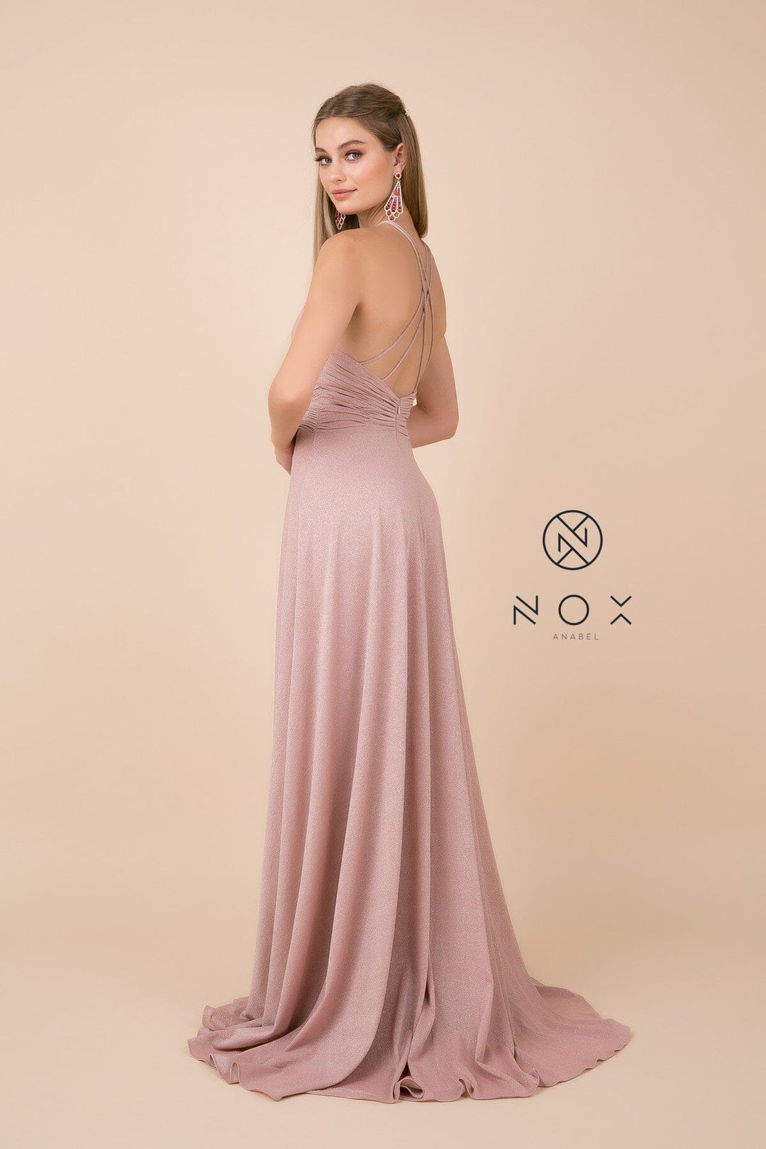 Long Metallic Jersey High-Neck Dress by Nox Anabel E184