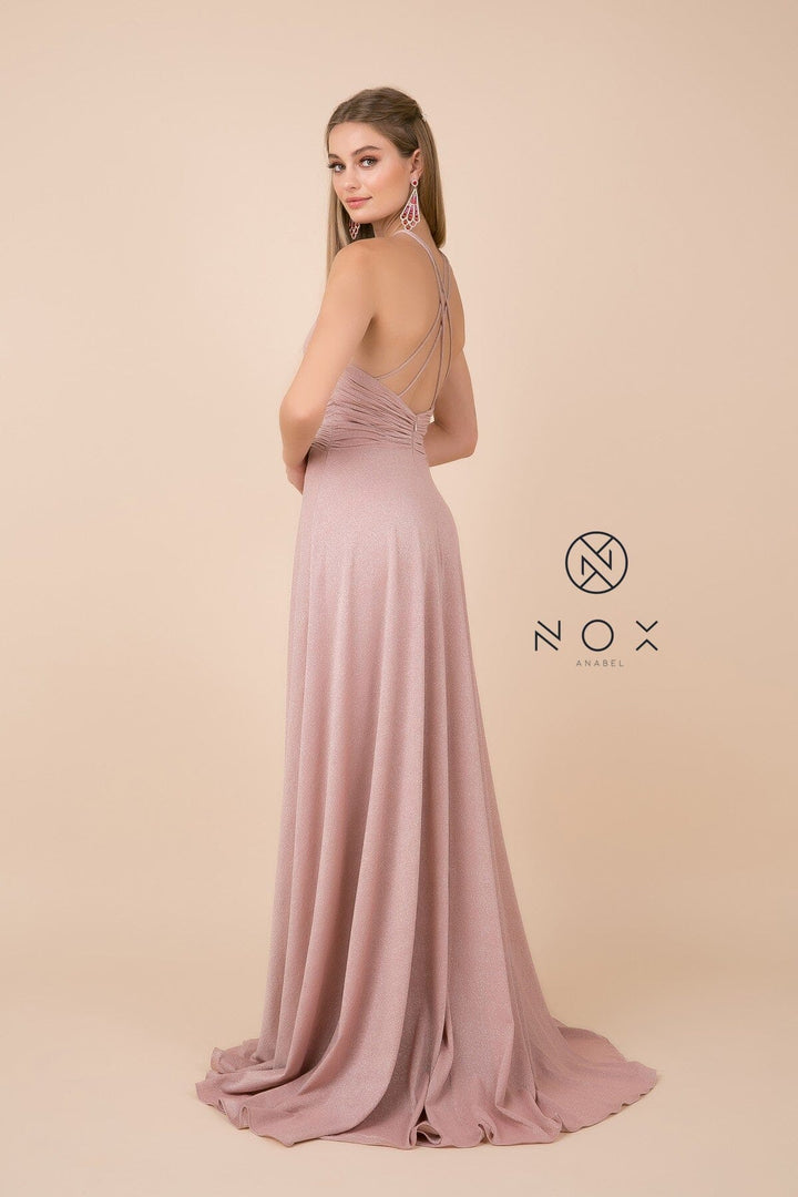 Long Metallic Jersey High-Neck Dress by Nox Anabel E184