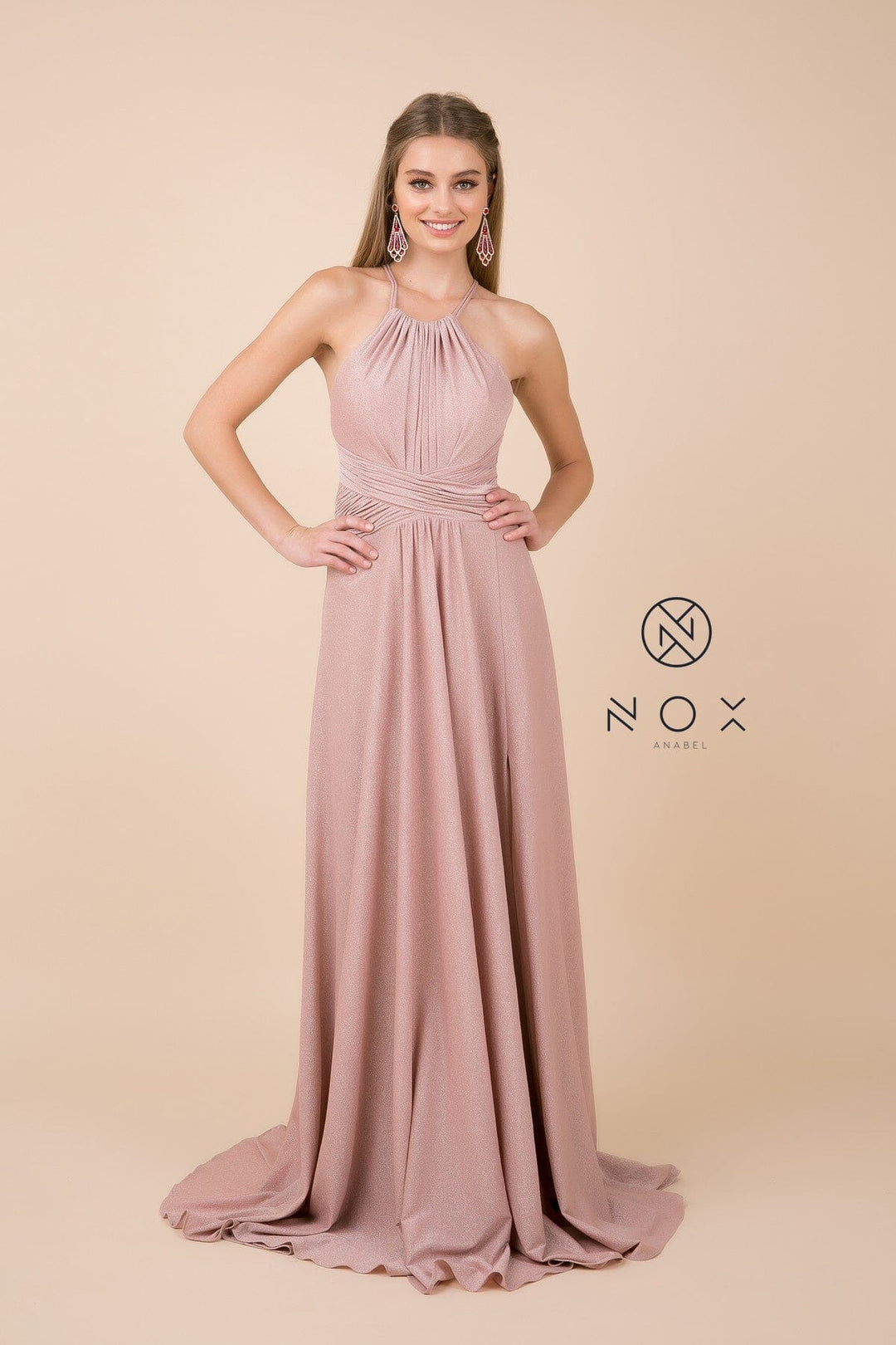 Long Metallic Jersey High-Neck Dress by Nox Anabel E184