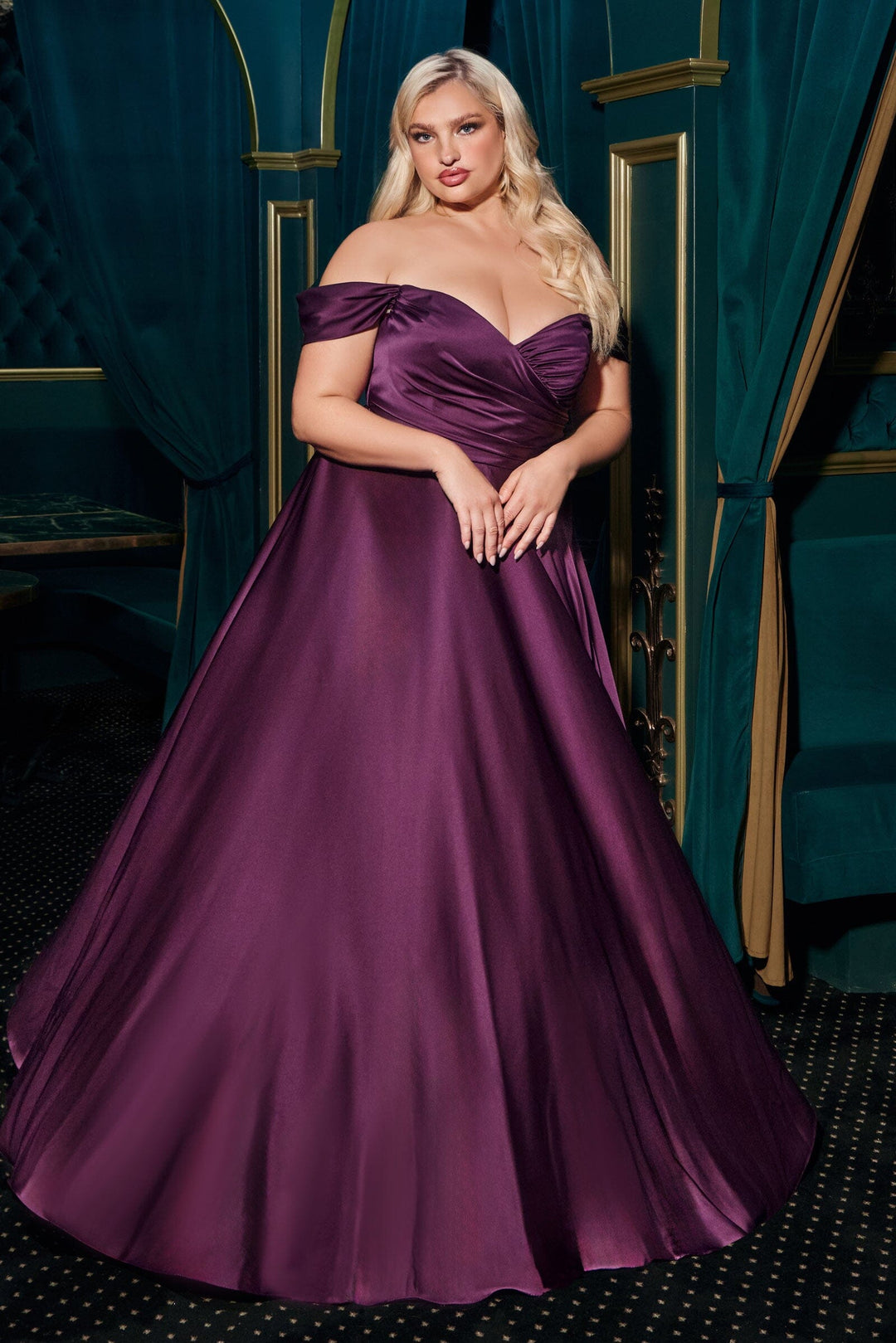 Long Off Shoulder A-line Satin Dress by Ladivine 7493 Long Off Shoulder A-line Satin Dress by Ladivine 7493