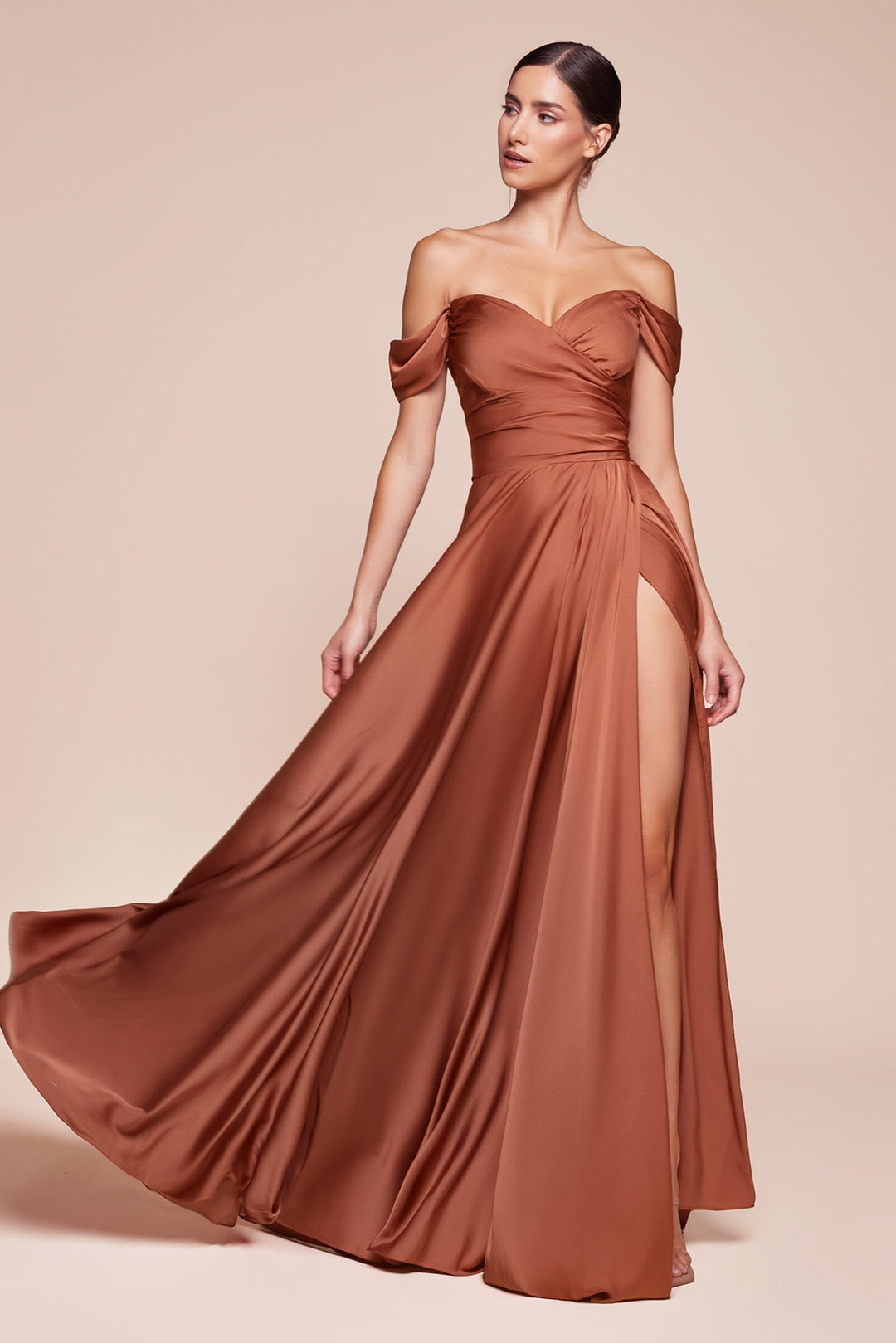 Long Off Shoulder A-line Satin Dress by Ladivine 7493
