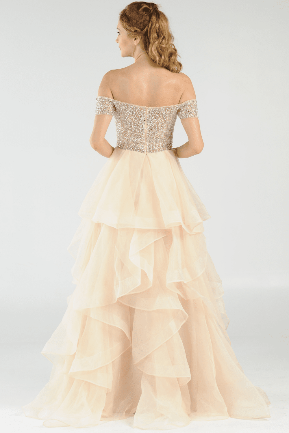 Long Off the Shoulder Dress with Tiered Skirt by Poly USA 8006 S / Gray Long Off the Shoulder Dress with Tiered Skirt by Poly USA 8006 S / Gray