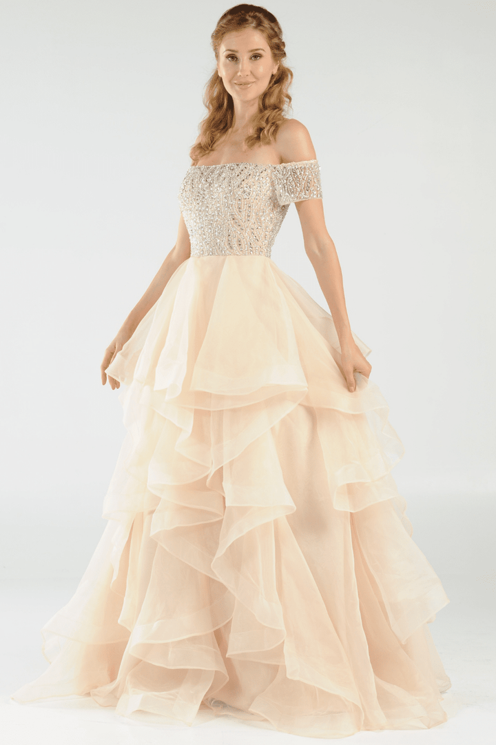 Long Off the Shoulder Dress with Tiered Skirt by Poly USA 8006