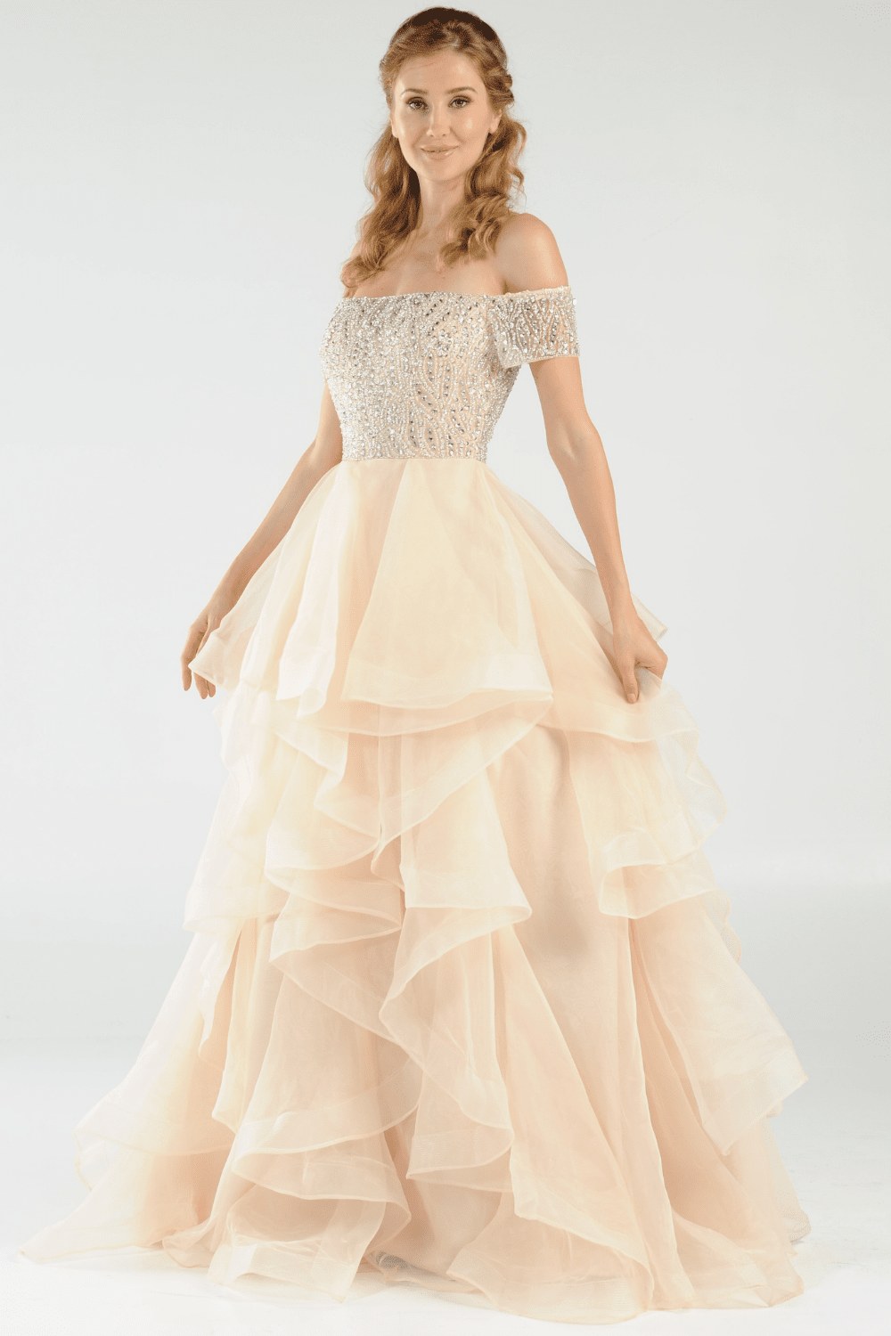 Tiered Off Shoulder Dress Beige Long Off The Shoulder Dress With Tiered Skirt By Poly USA Tiered Off Shoulder Dress Beige Long Off The Shoulder Dress With Tiered Skirt By Poly USA