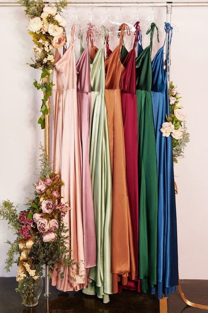 Long Satin Sleeveless Cowl Slit Dress by Ladivine BD104