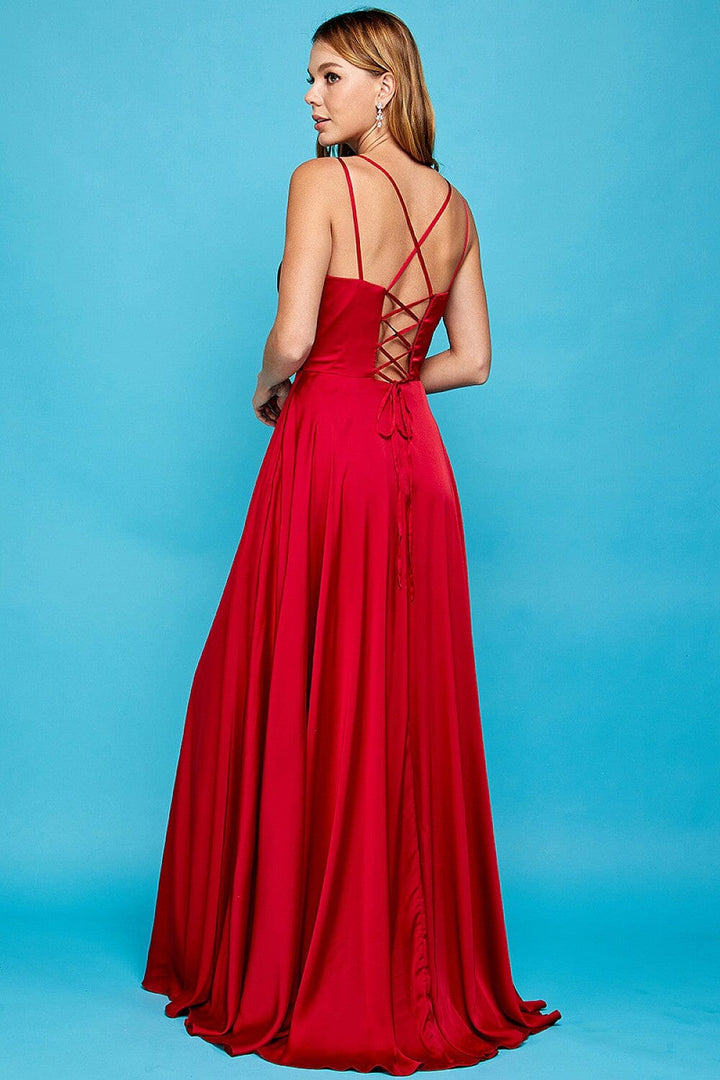 Long Satin Sleeveless V-Neck Slit Dress by Adora 3013 - Outlet