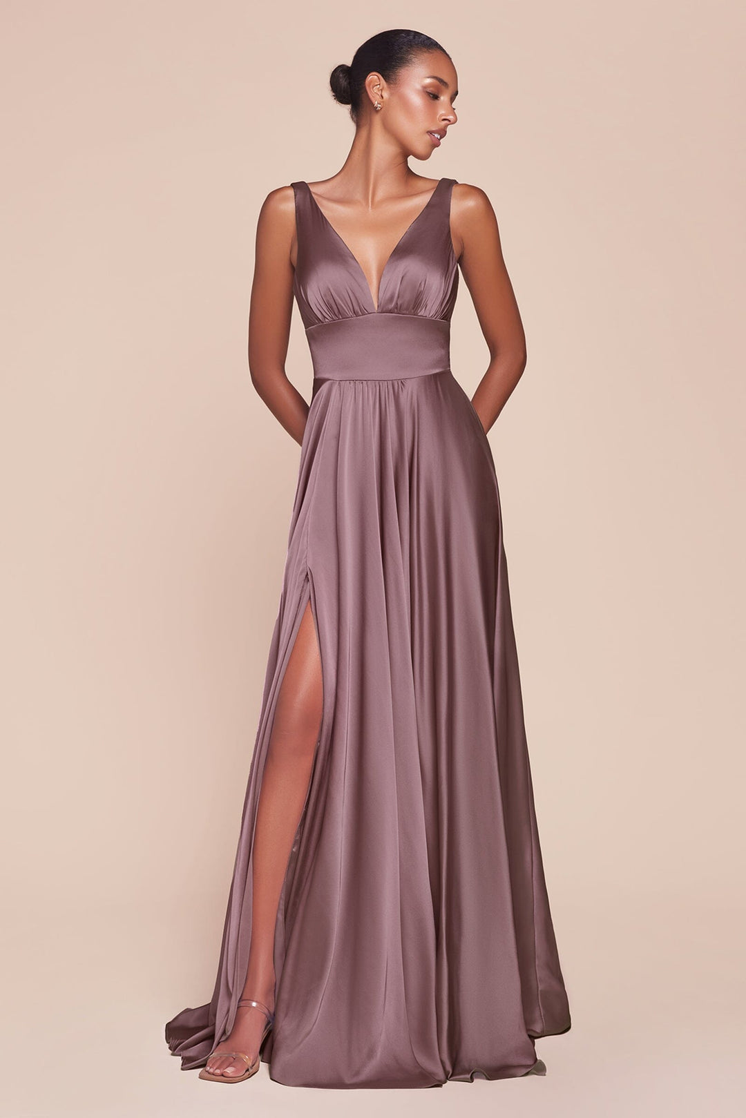 Long Satin V-Neck Dress with Slit by Cinderella Divine 7469