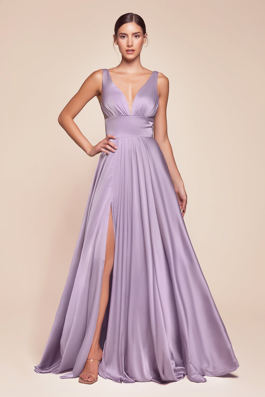 Long Satin V-Neck Dress with Slit by Cinderella Divine 7469