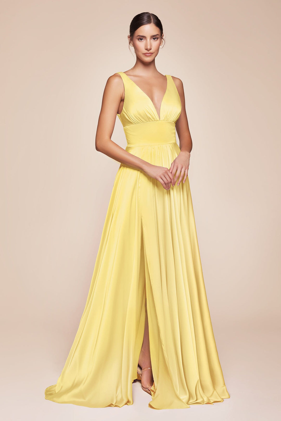 Long Satin V-Neck Dress with Slit by Cinderella Divine 7469