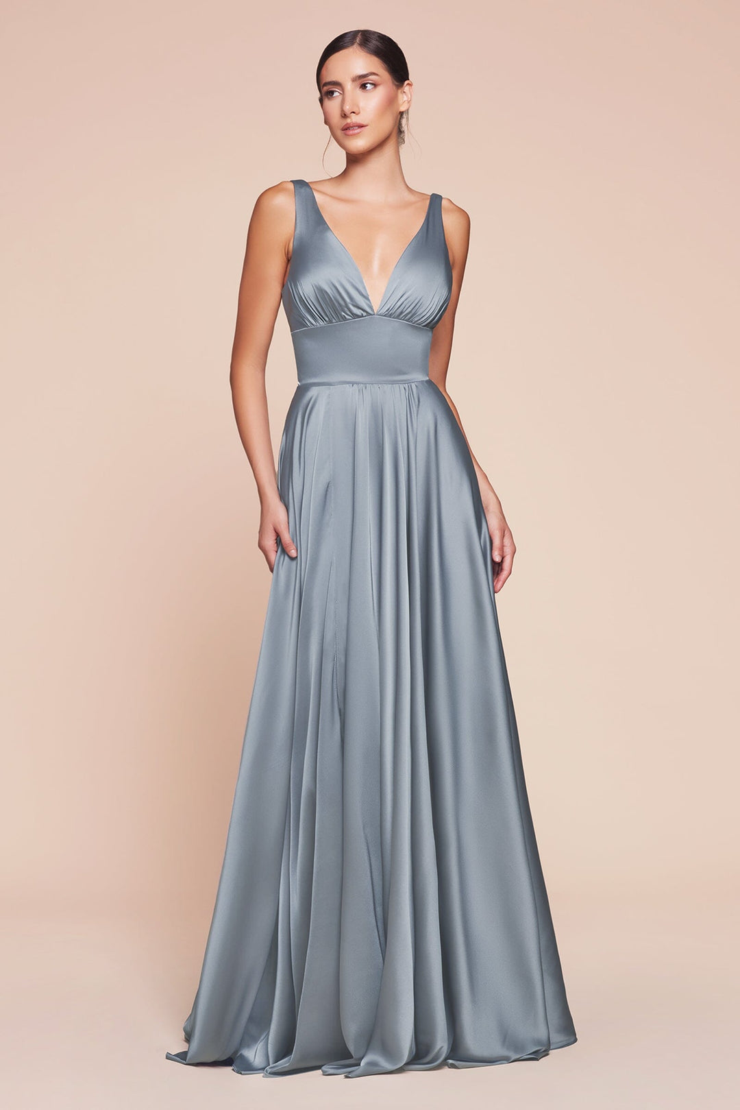 Long Satin V-Neck Dress with Slit by Cinderella Divine 7469