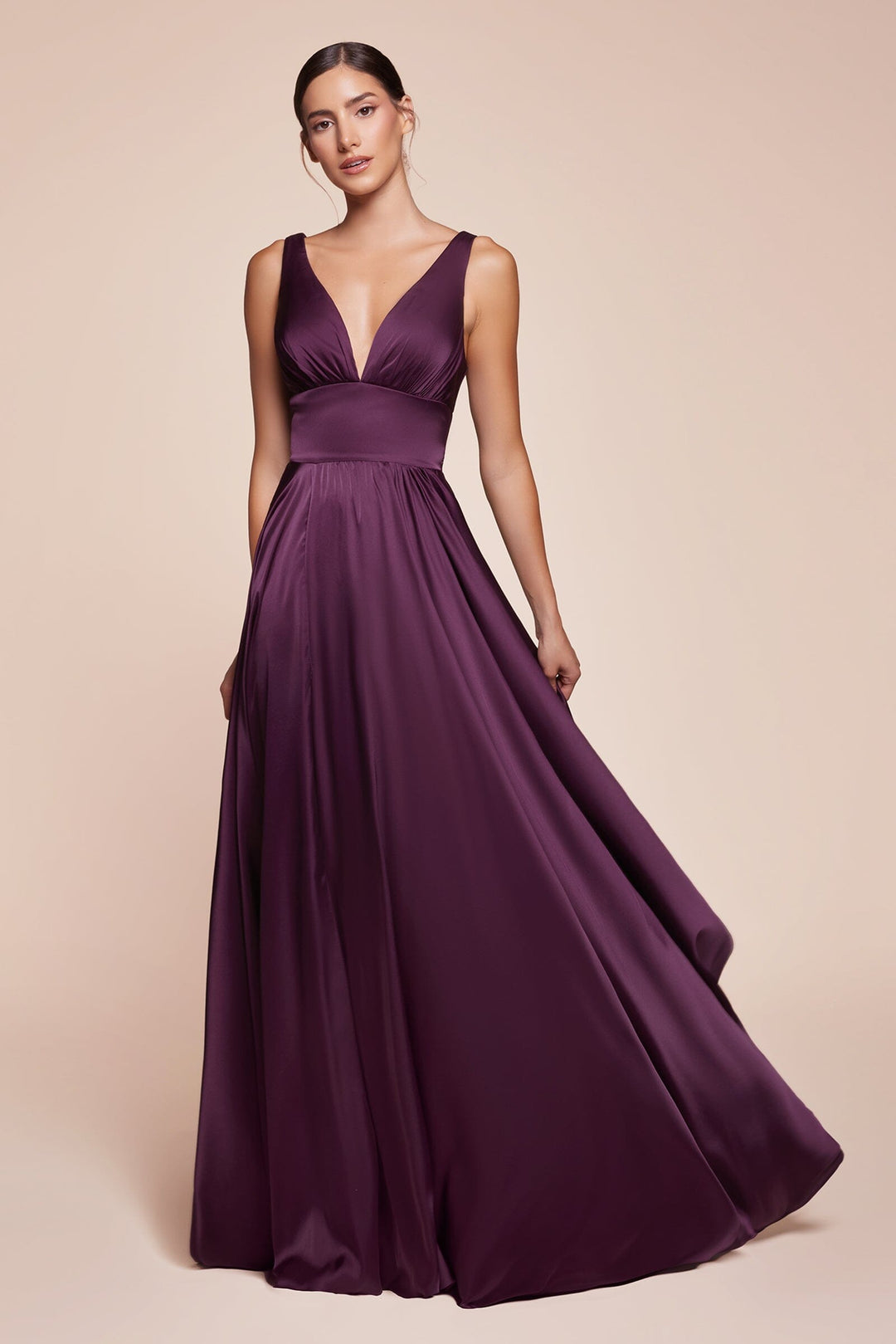 Long Satin V-Neck Dress with Slit by Cinderella Divine 7469