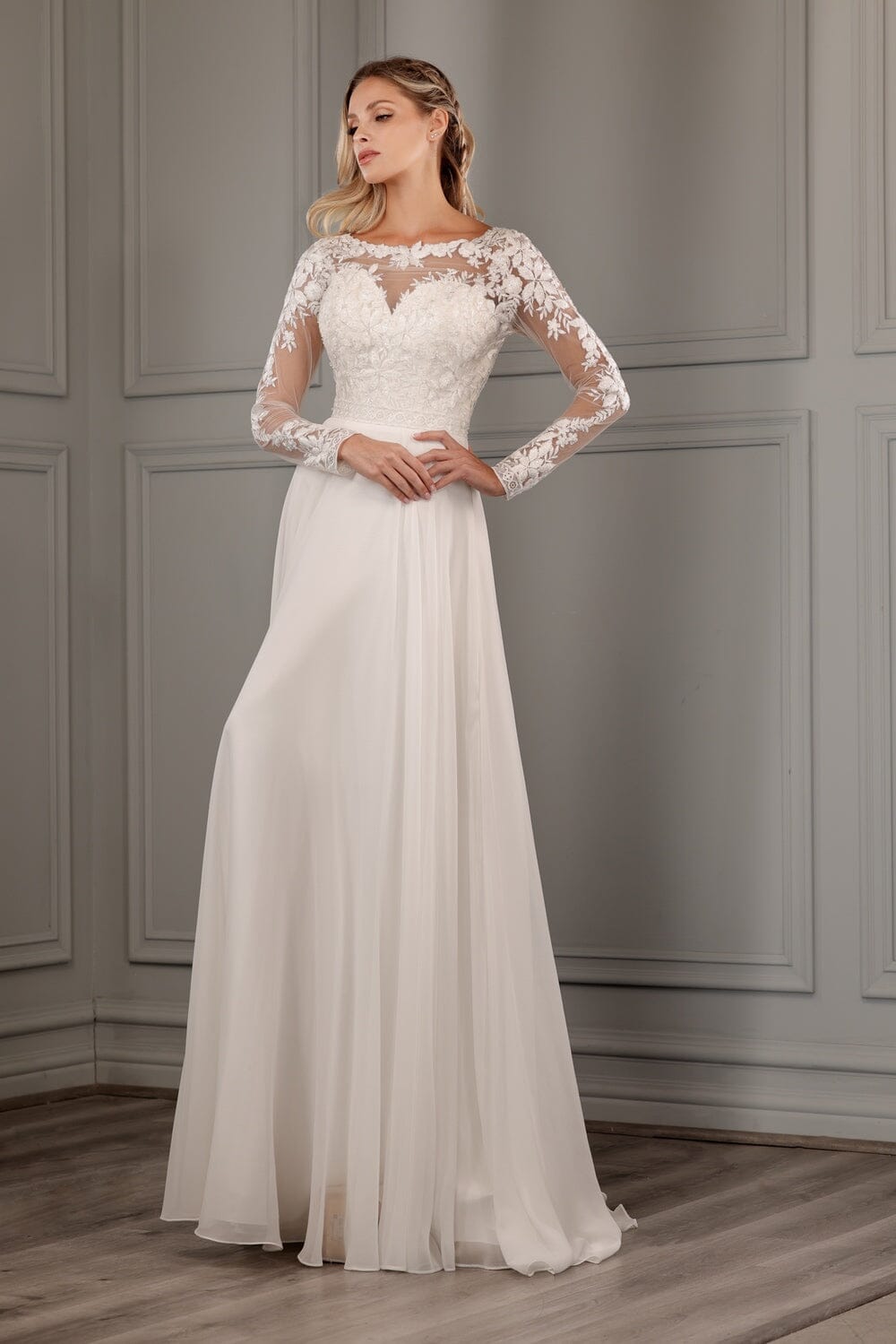 Long Sleeve Chiffon Bridal Gown by Abby Lane 97150 4 / Ivory