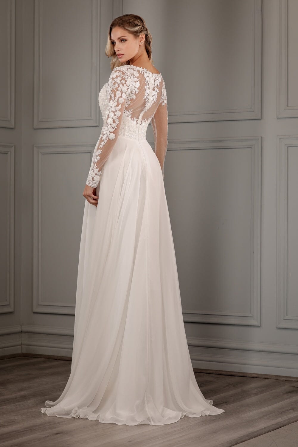 Long Sleeve Chiffon Bridal Gown by Abby Lane 97150 4 / Ivory