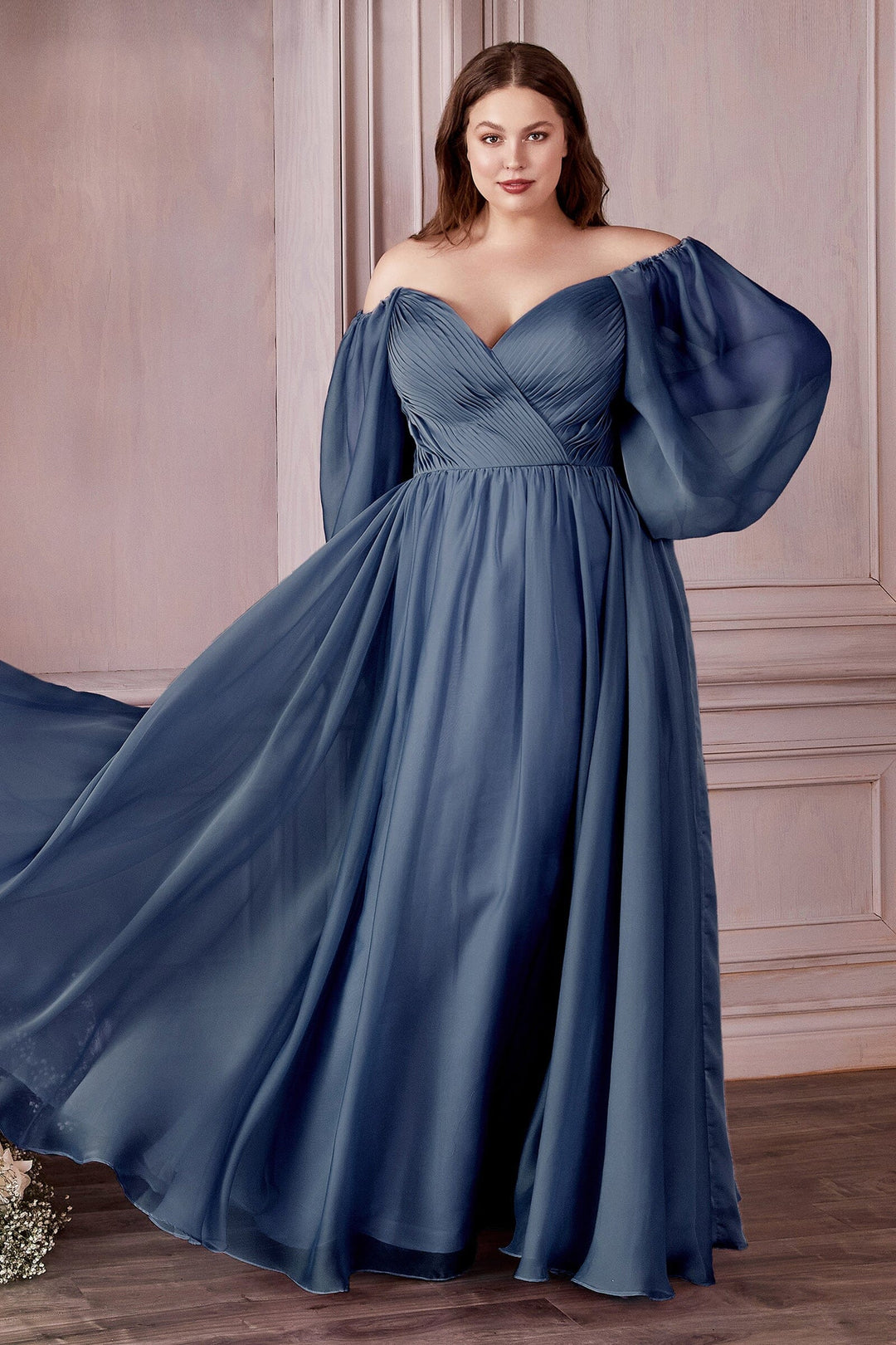 Long Sleeve Chiffon Gown by Cinderella Divine CD243 - Outlet