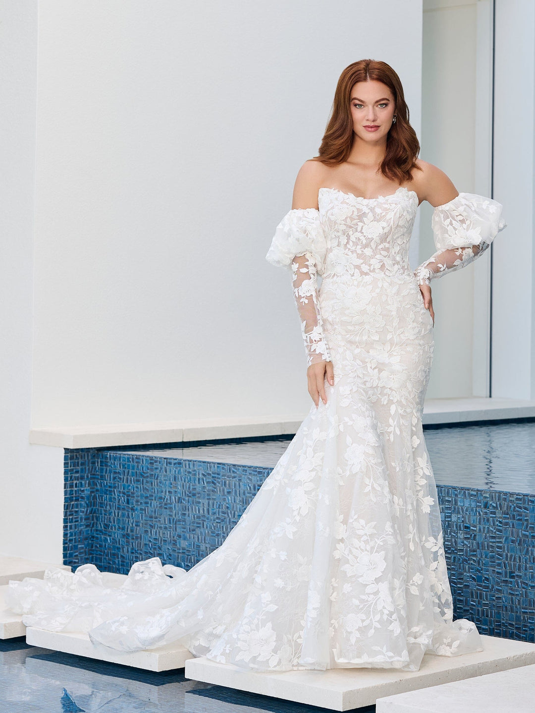 Floral Matte Lace Mermaid Gown in Ivory Almond Nude