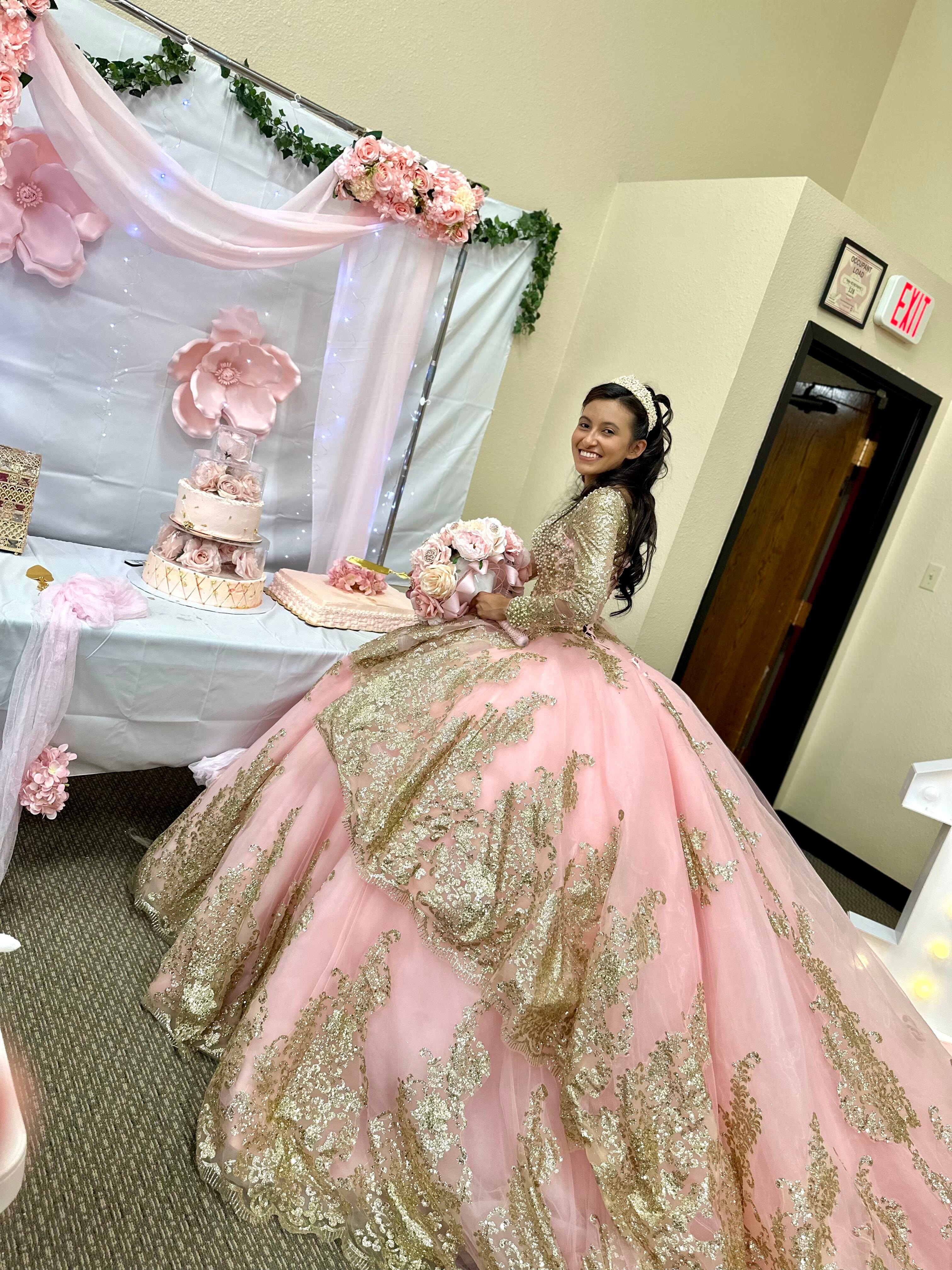 Pink and gold quinceanera dress hot sale