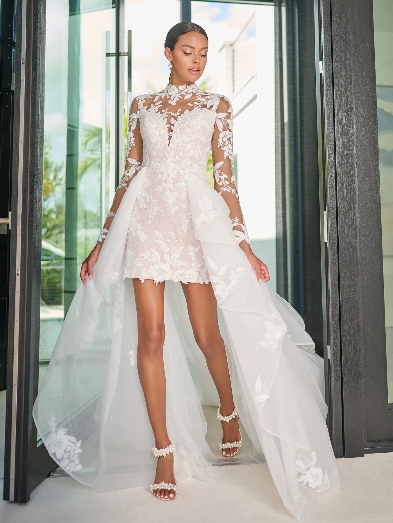 Chantilly Lace Short Dress with Detachable Tulle Overskirt in Ivory French Lilac Nude