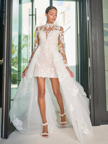 Chantilly Lace Short Dress with Detachable Tulle Overskirt in Ivory French Lilac Nude