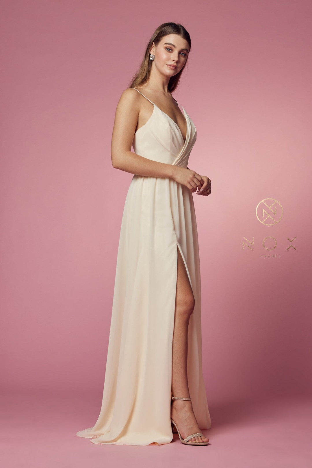 Long Sleeveless V-Neck Dress with Slit by Nox Anabel R275