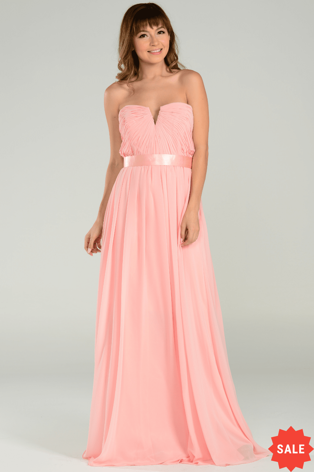 Long Strapless Chiffon Dress with V Notch by Poly USA 7164