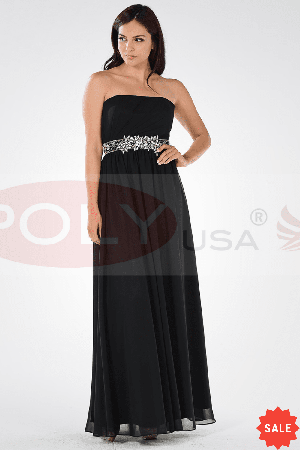 Long Strapless Dress with Embellished Waist by Poly USA 7698