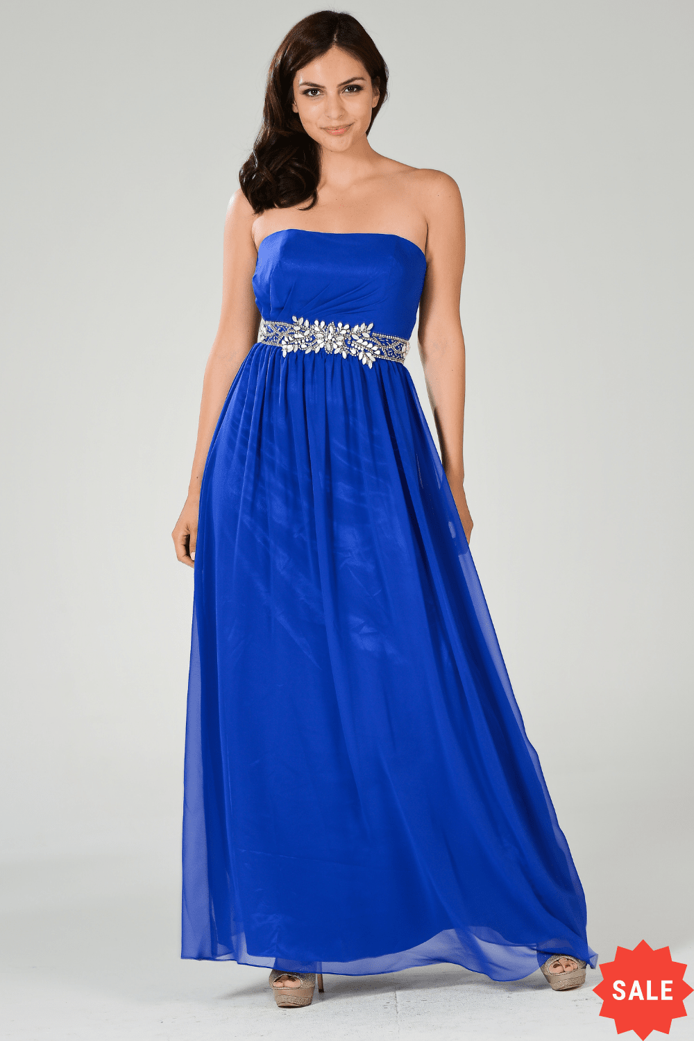 Long Strapless Dress with Embellished Waist by Poly USA 7698