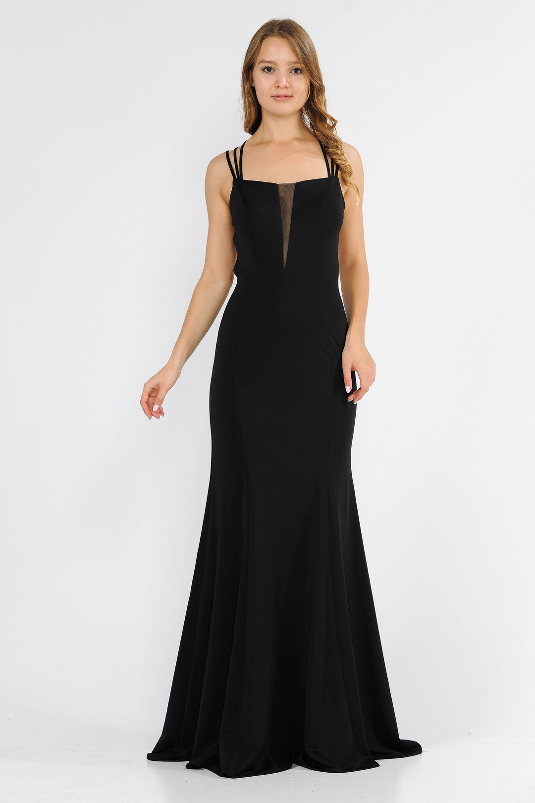 Long Strappy Open Back Dress with Illusion Panel by Poly USA 8468