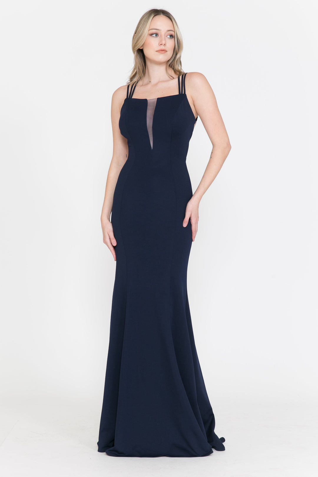 Long Strappy Open Back Dress with Illusion Panel by Poly USA 8468