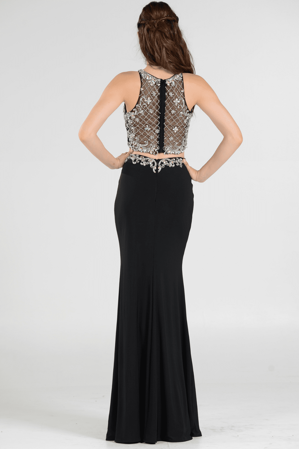 top and dresses Long Two-Piece Dress with Beaded Crop Top by Poly USA 7926 2XL / Navy