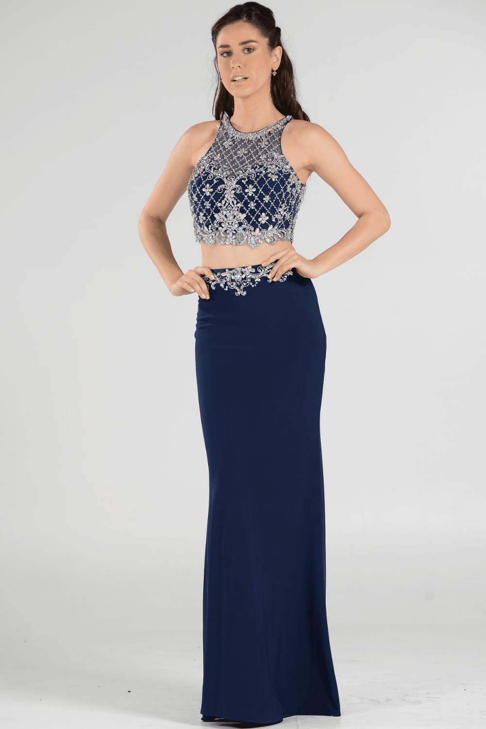 Long Two-Piece Dress with Beaded Crop Top by Poly USA 7926 2XL / Navy Long Two-Piece Dress with Beaded Crop Top by Poly USA 7926 2XL / Navy