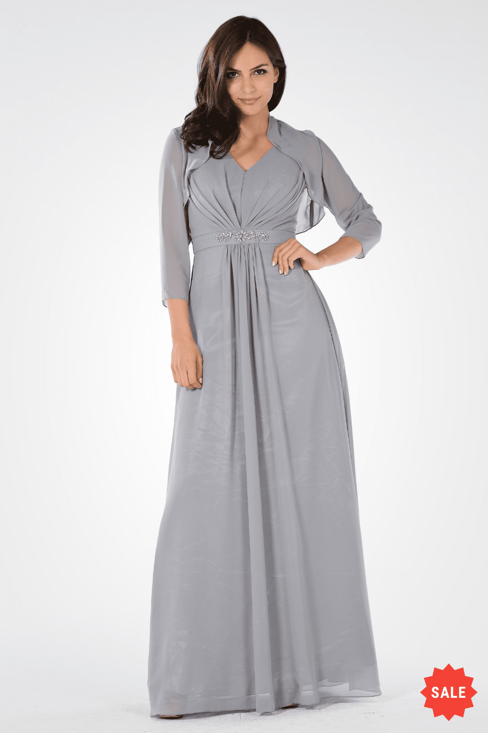 Long V Neck Dress with Bolero Jacket by Poly USA 7770 Xs Gray