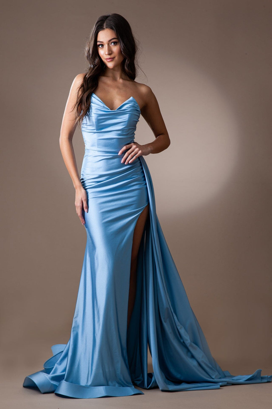 Lycra Fitted Strapless Slit Gown by Amelia Couture 3013