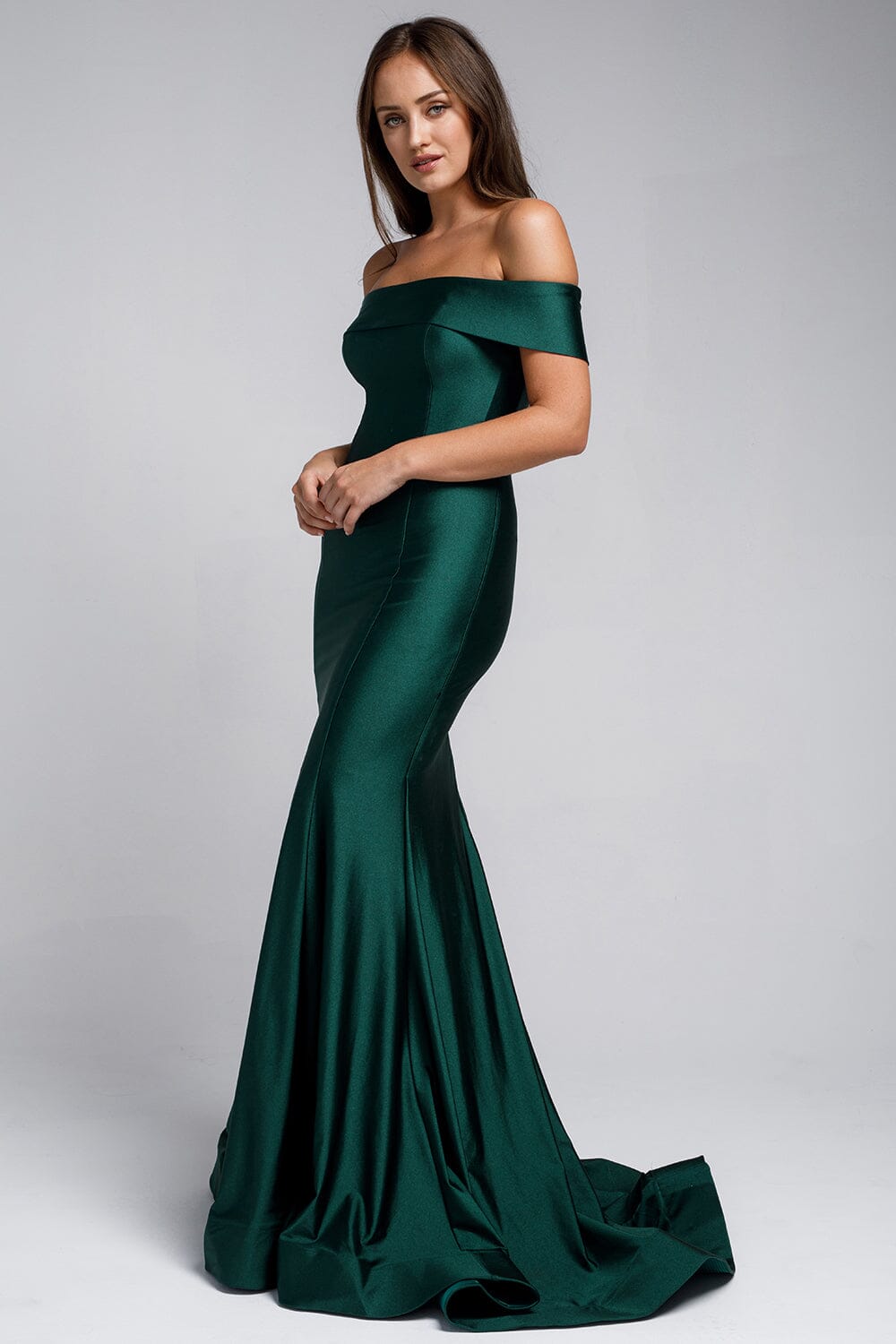 fay off the shoulder faux pearl mermaid dress Lycra Off Shoulder Mermaid Dress by Amelia Couture 373 18 / Emerald Green