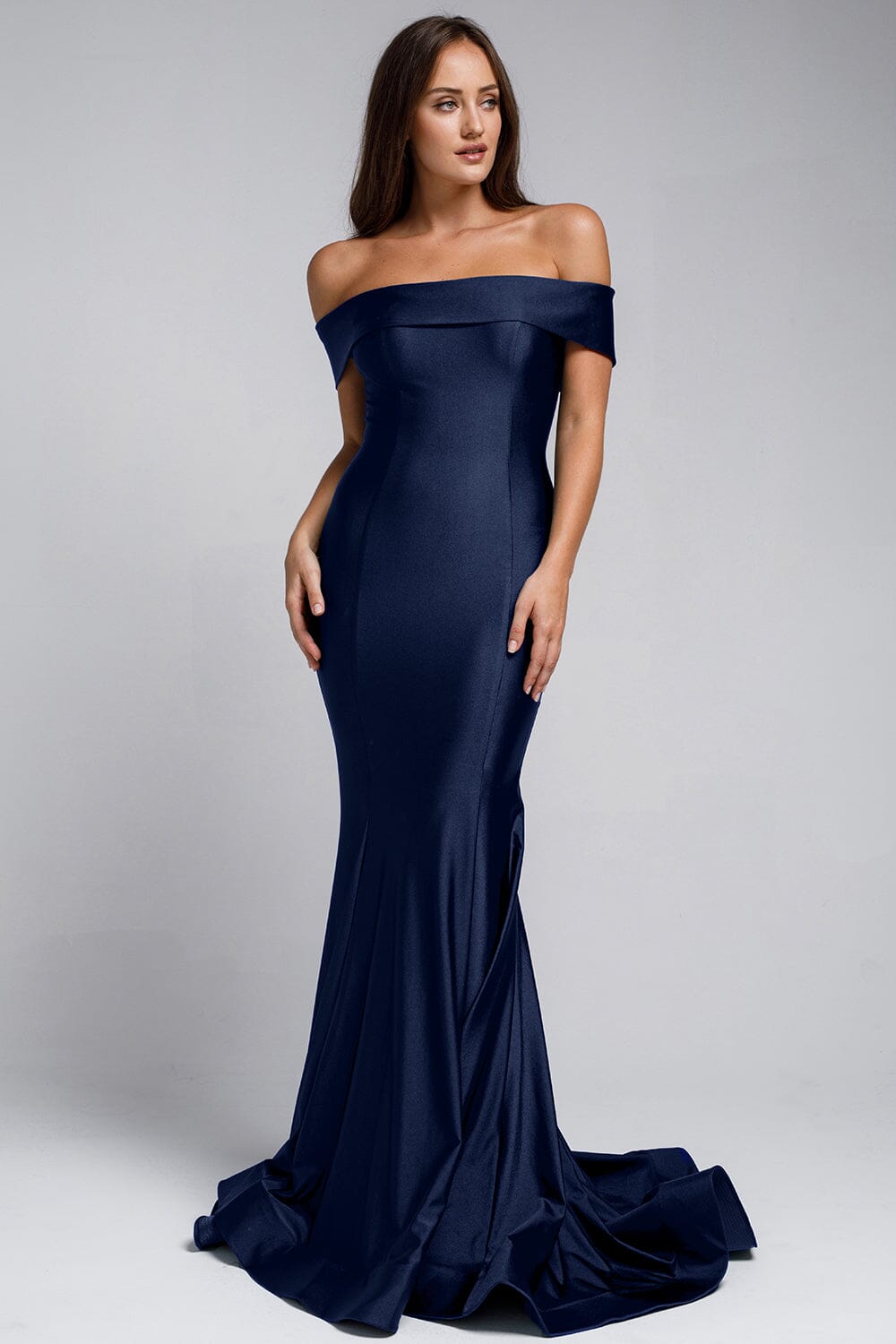 fay off the shoulder faux pearl mermaid dress Lycra Off Shoulder Mermaid Dress by Amelia Couture 373 16 / Navy
