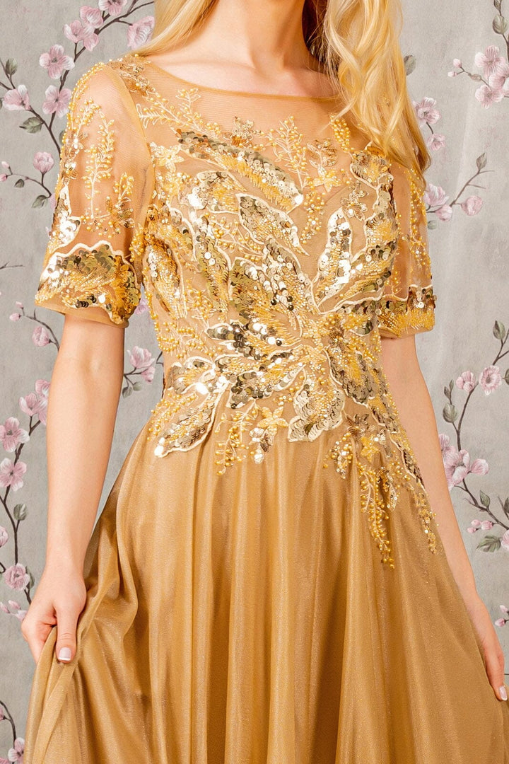 Metallic Applique Short Sleeve A-line Gown by GLS Gloria GL3444