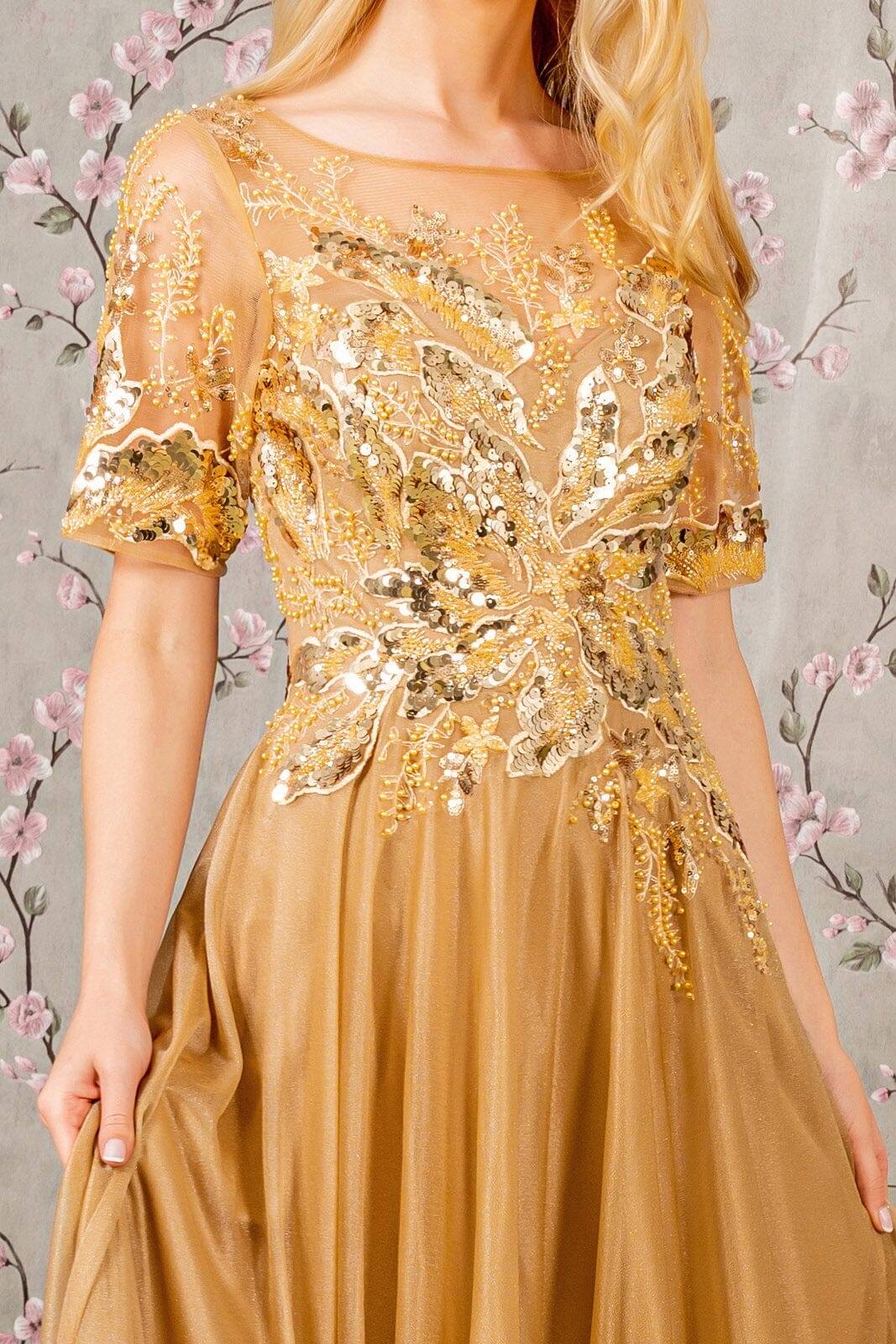 Metallic Applique Short Sleeve A-line Gown by GLS Gloria GL3444 4XL / Gold Metallic Applique Short Sleeve A-line Gown by GLS Gloria GL3444 4XL / Gold