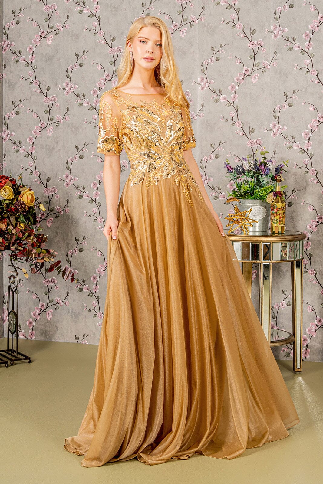 Metallic Applique Short Sleeve A-line Gown by GLS Gloria GL3444