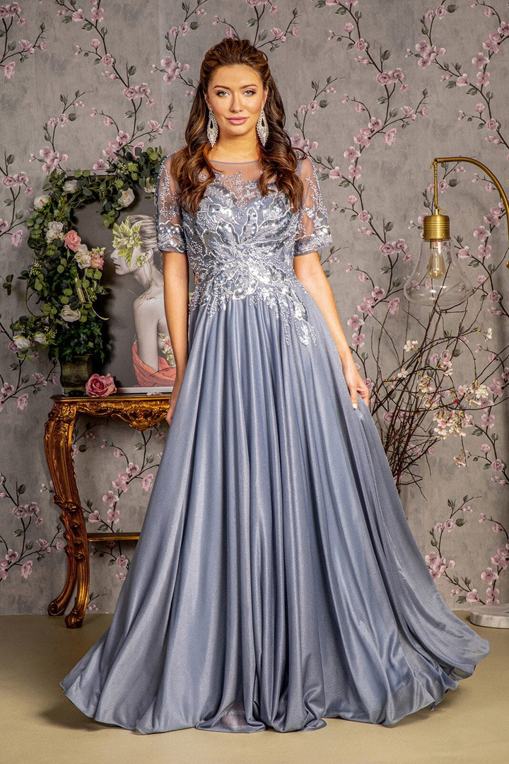 Metallic Applique Short Sleeve A-line Gown by GLS Gloria GL3444