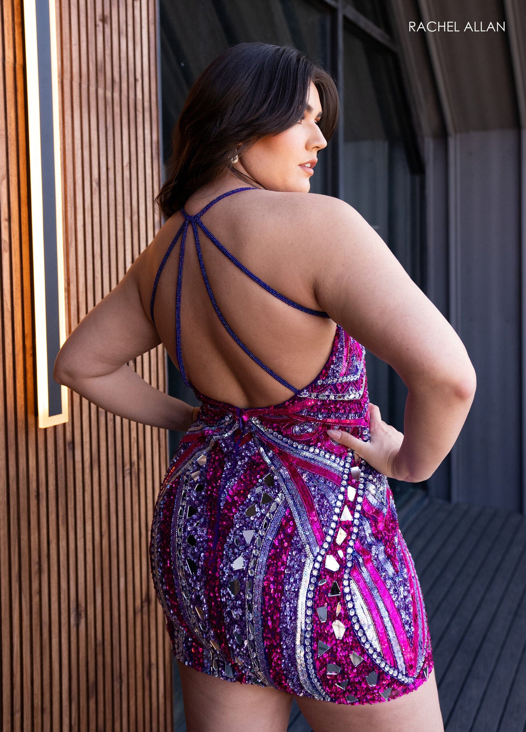Mirror Beaded Short V-Neck Dress by Rachel Allan 40403