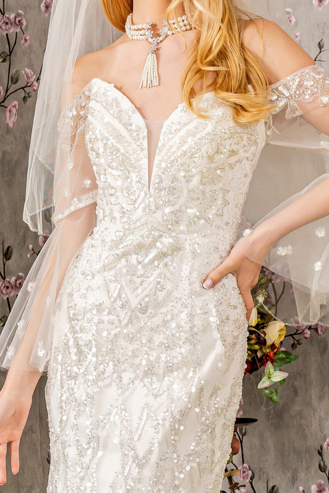 v neck wedding dress with bell sleeves Off Shoulder Bell Sleeve Bridal Gown by GLS Gloria GL3426 3XL / Ivory