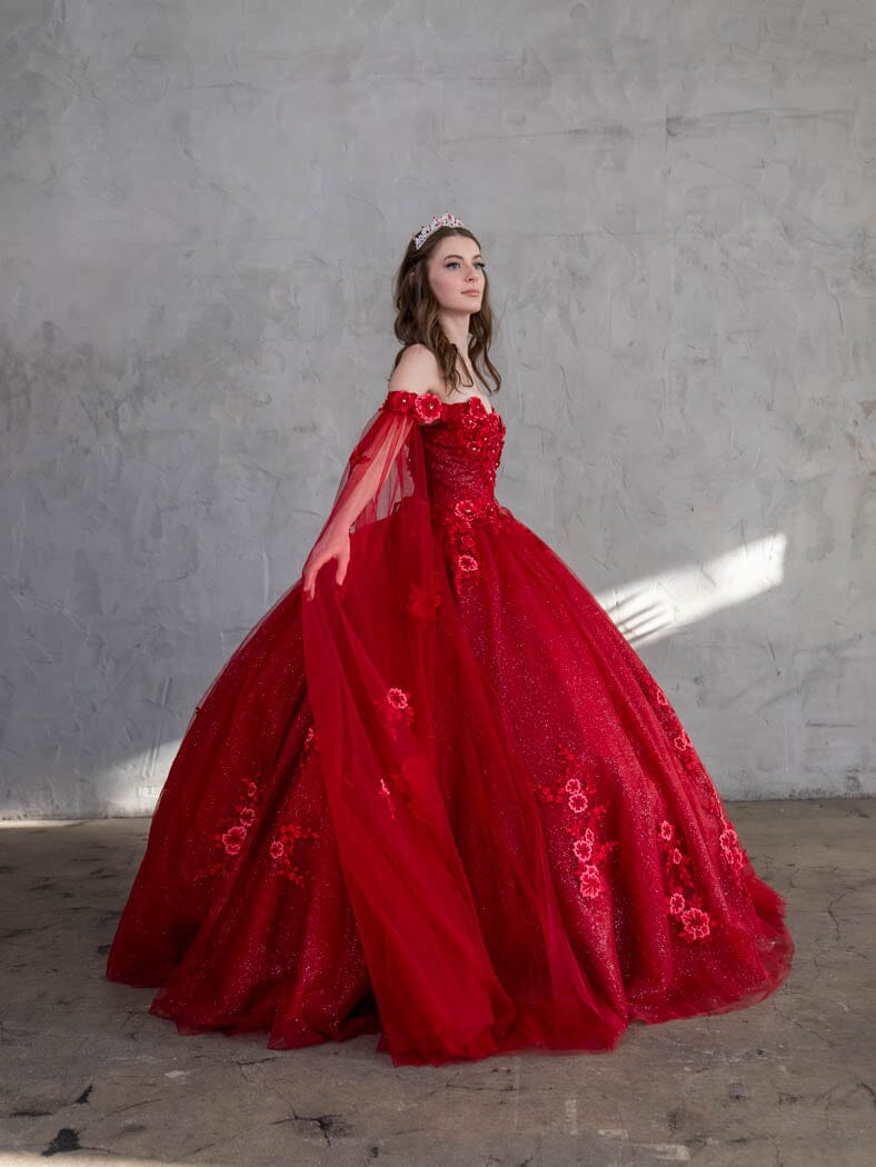 Off Shoulder Cape Sleeve Ball Gown by Calla SCL-30014 L / Burgundy