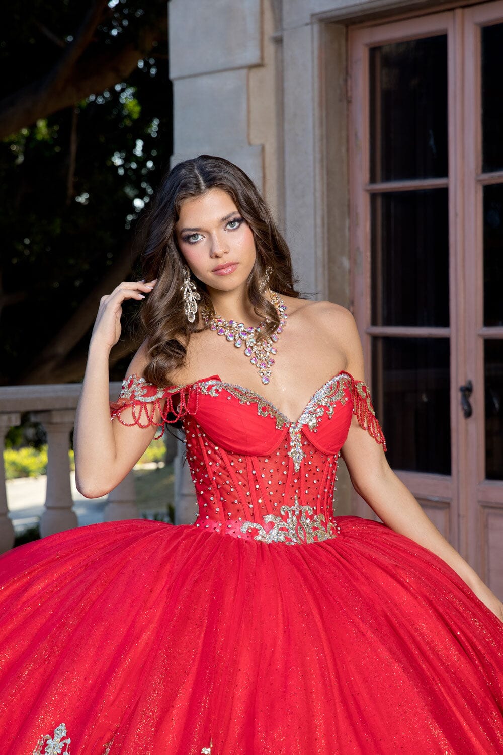 Off Shoulder Long Sleeve Ball Gown by Petite Adele PQ1065