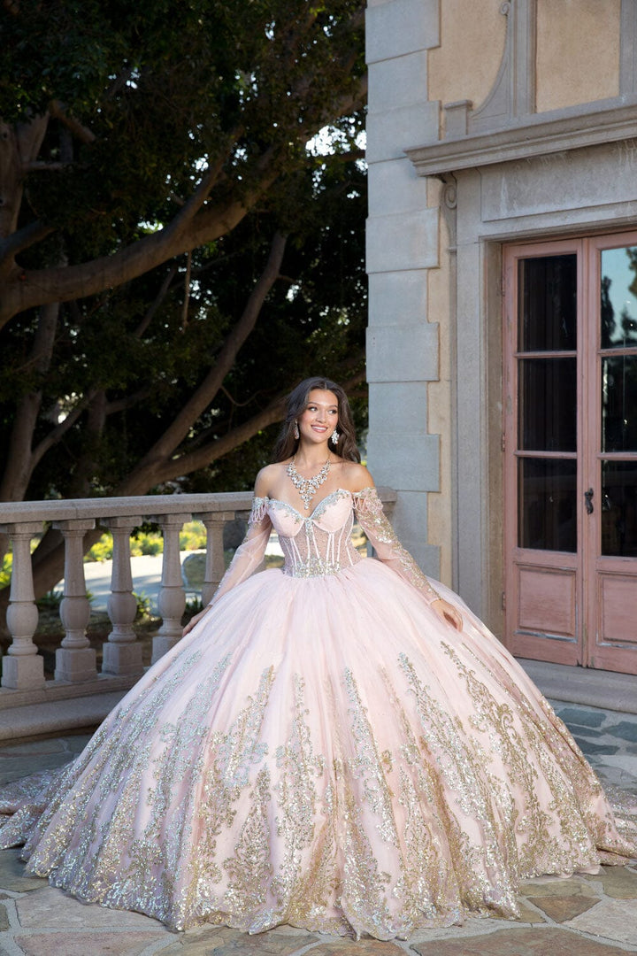 Off Shoulder Long Sleeve Ball Gown by Petite Adele PQ1065