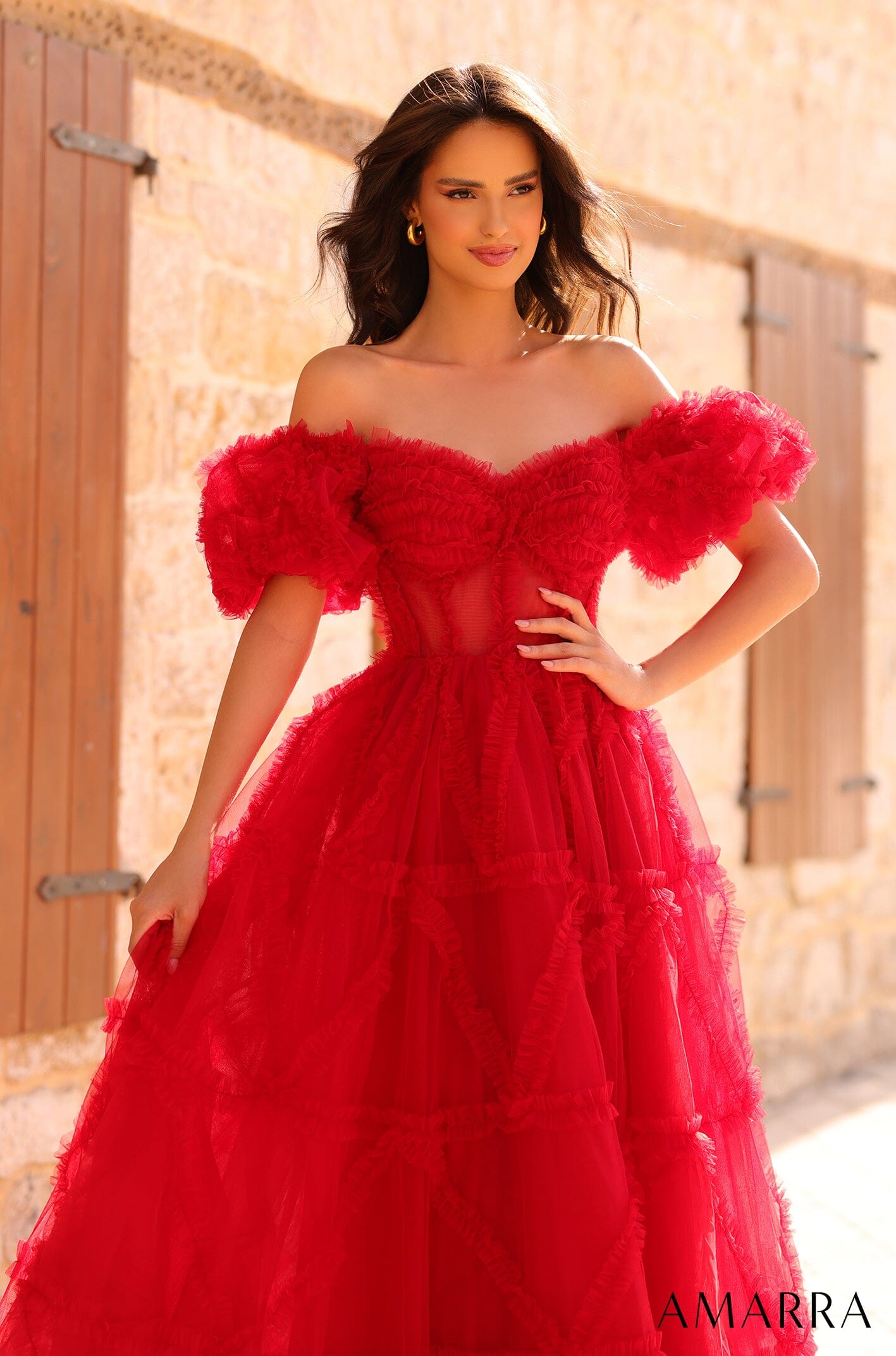 Off Shoulder Ruffled Tulle Ball Gown by Amarra 94002 – ABC Fashion