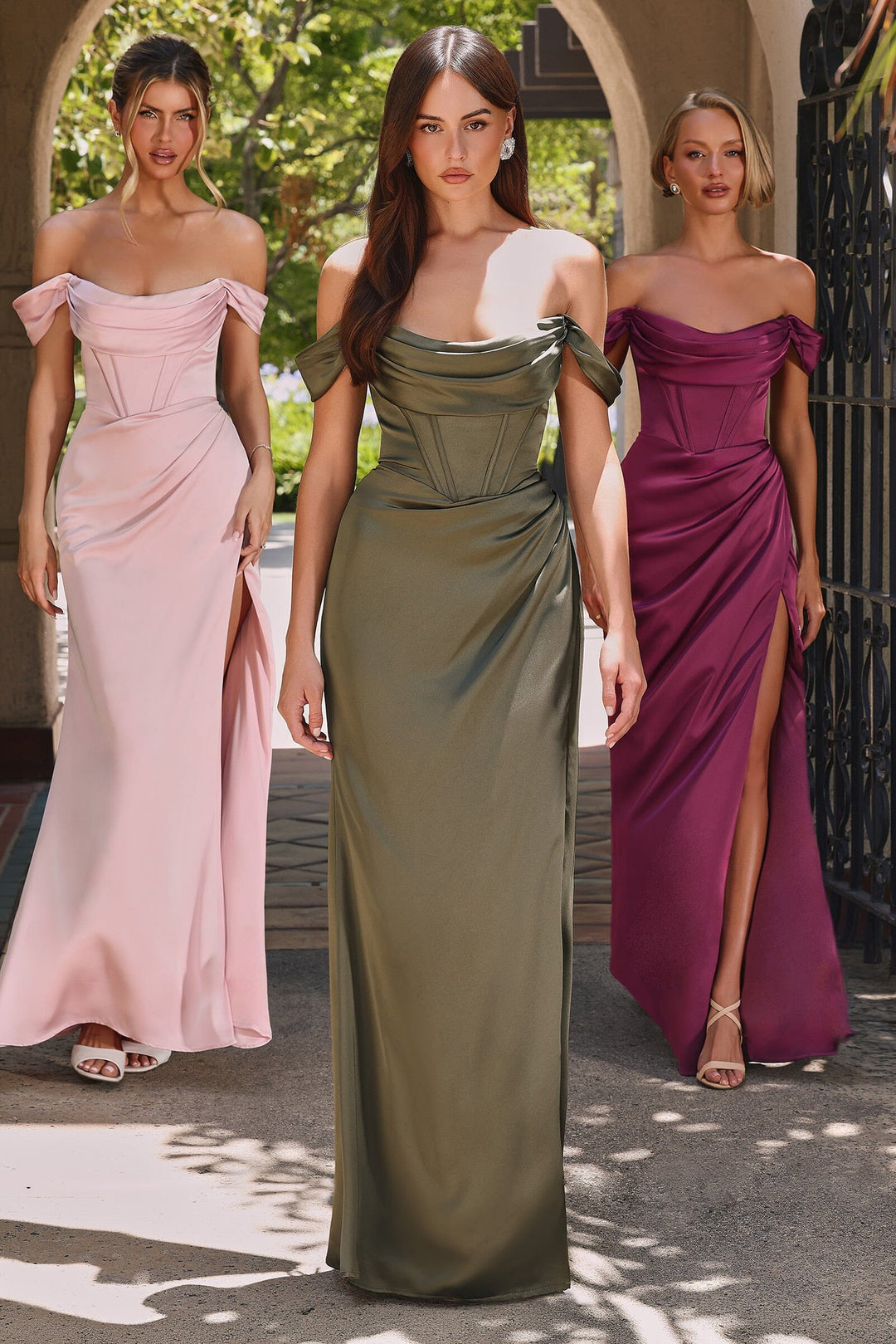 Off Shoulder Satin Corset Slit Gown by Ladivine 7492