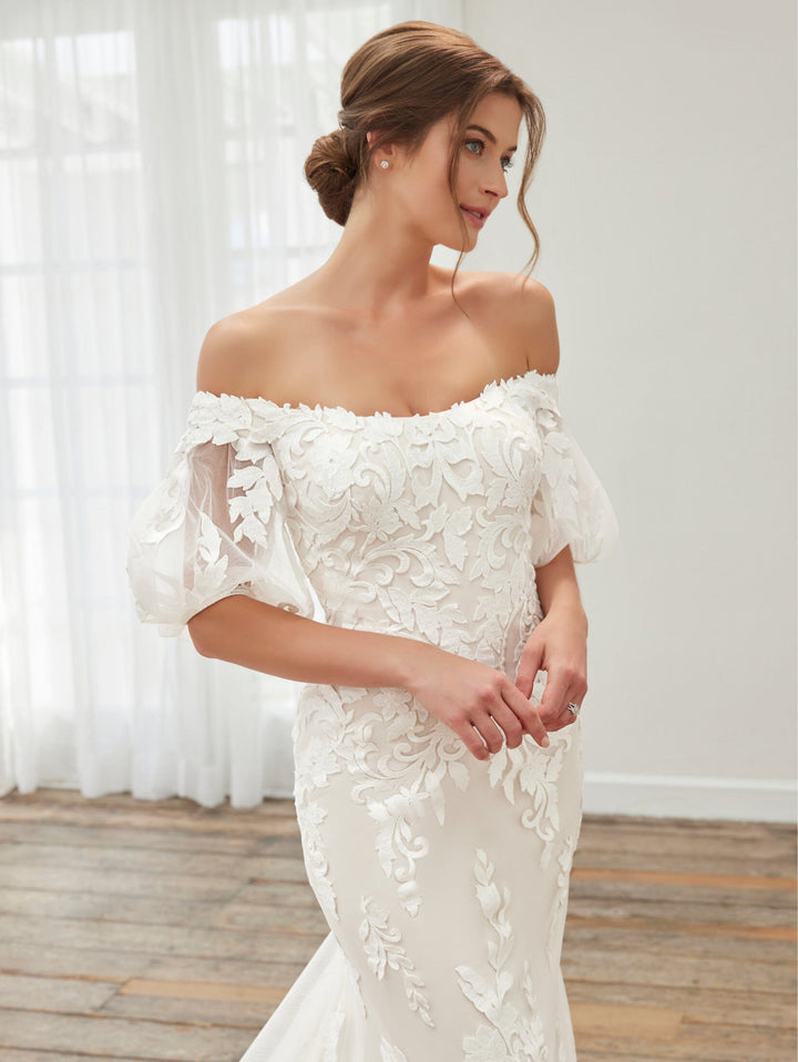 Off Shoulder Short Sleeve Bridal Gown by Adrianna Papell 31252