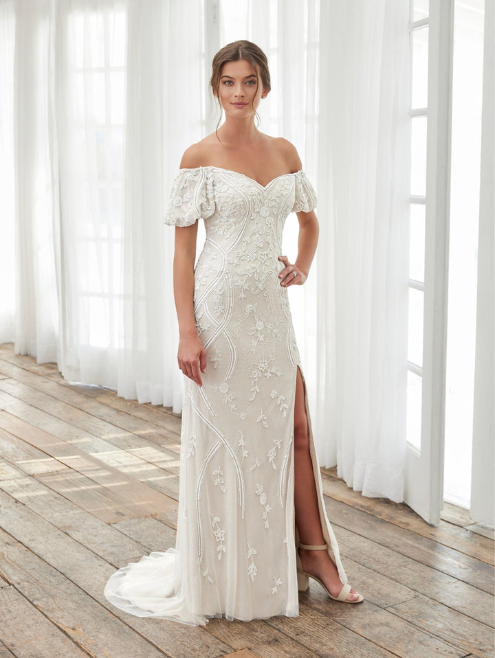 Off Shoulder Slit Bridal Dress by Adrianna Papell 40405